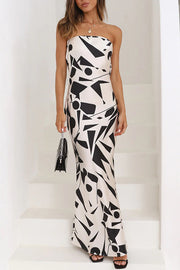 Cassy Satin Geometric Print Off Shoulder Maxi Dress