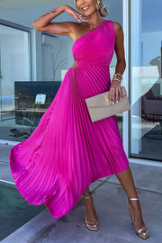 Glam Vibes Satin One Shoulder Side Cutout Pleated Maxi Dress