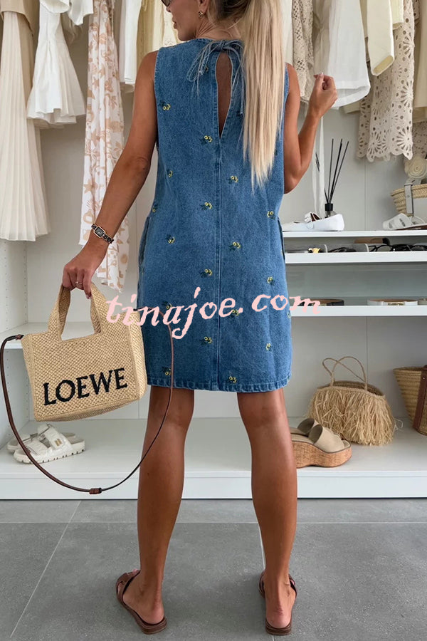 Floral Print Round Neck Sleeveless Loose Denim Mini Dress
