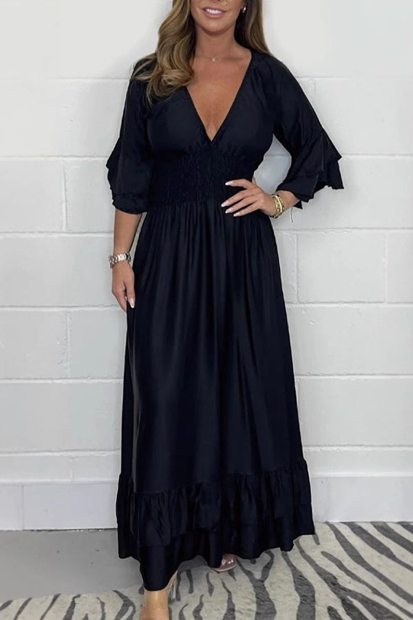 Solid Satin V-Neck Ruffle Sleeve Pleated Waist Maxi Dress