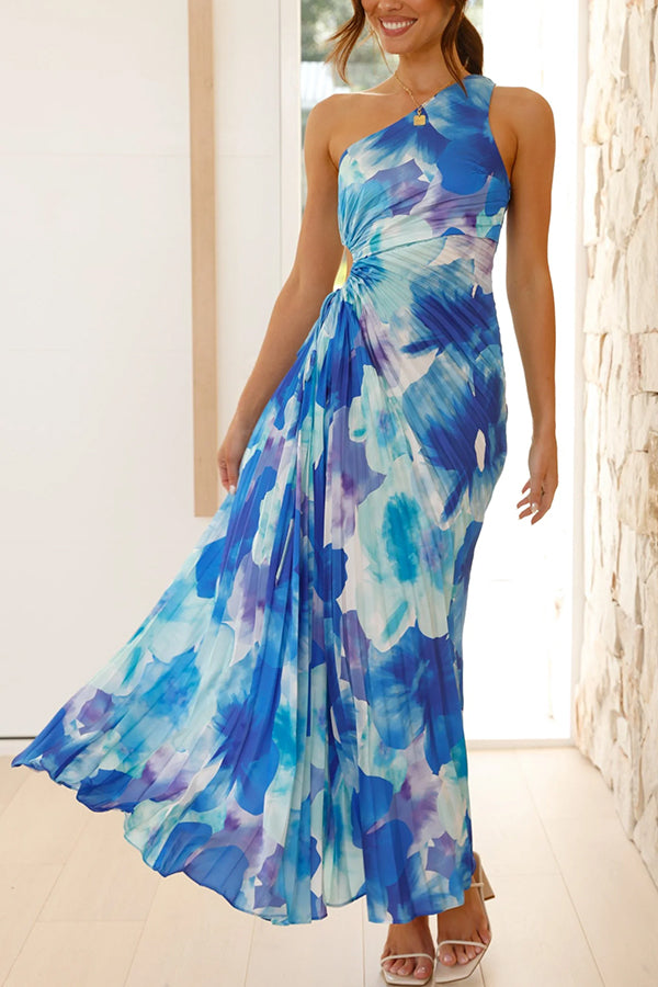 Laken Floral Print One Shoulder Adjustable Tie Cutout Pleated Maxi Dress