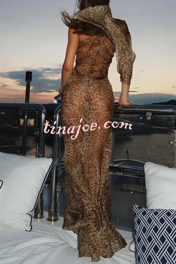 Leopard Print One Sleeve Sexy See-Through Fit Maxi Dress