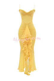 Retro Romantic Style Mesh Ruffle Trim Ruched Slit High Low Maxi Dress