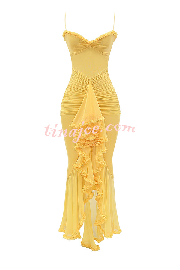 Retro Romantic Style Mesh Ruffle Trim Ruched Slit High Low Maxi Dress