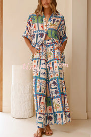Unique Print Lapel Short Sleeve Loose Shirt and Elastic Waist Casual Pocket Wide Leg Pants Set