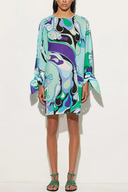 Micah Satin Unique Print Slit Tie-up Sleeve Shift Kaftan Mini Dress