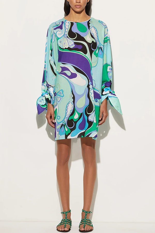 Micah Satin Unique Print Slit Tie-up Sleeve Shift Kaftan Mini Dress