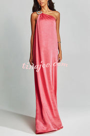 Charming Glance Satin Metal Hardware One Shoulder Loose Maxi Dress