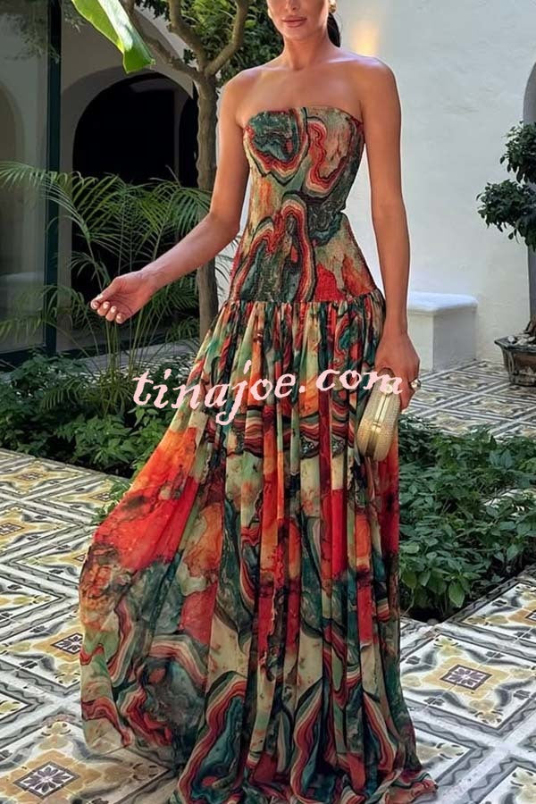 Vacay Vibes Colorful Lava Print Off Shoulder Smocked Scarf Maxi Dress