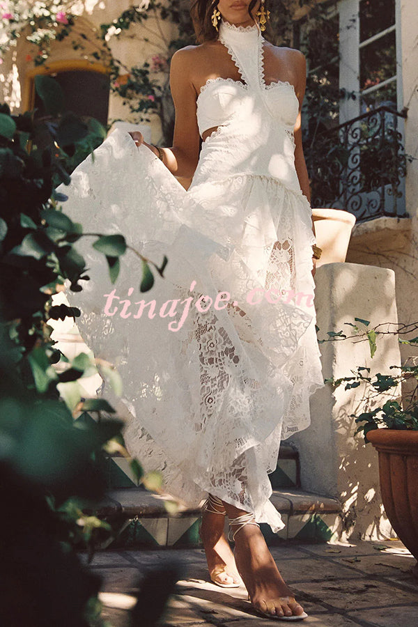 A Girls' Trip Lace High Neck Cutout Drop Waist Ruffles Maxi Dress