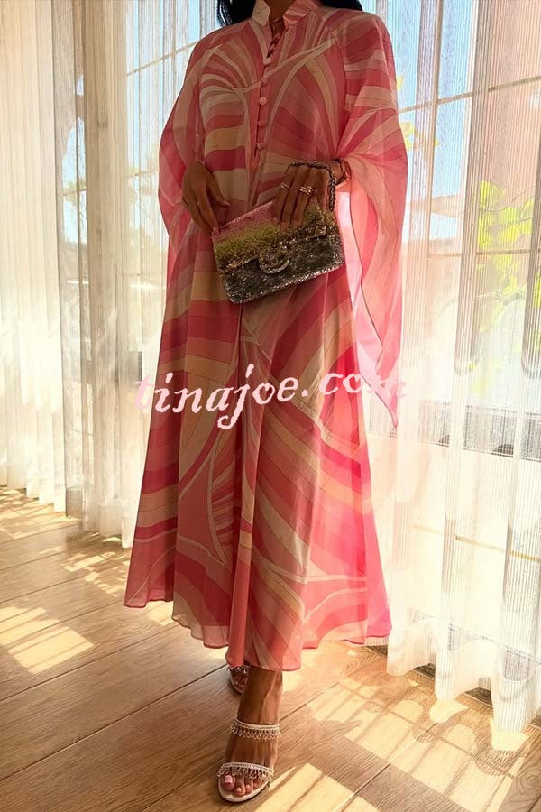 Jodie Chiffon Unique Print Stand Neck Buttons Butterfly Sleeves Kaftan Maxi Dress