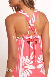 Unique Print Square Neck Open Back Tie Bow Holiday Maxi Dress