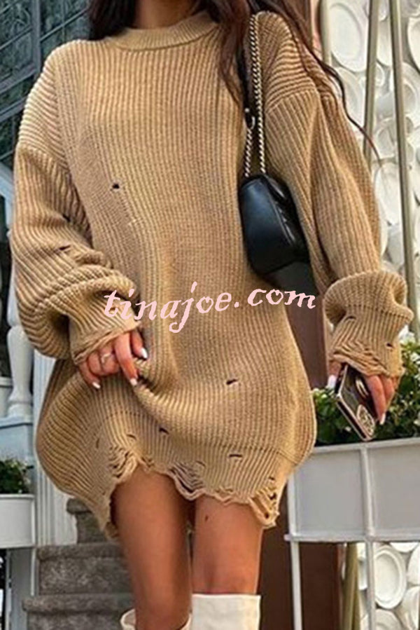 Solid Color Loose Ripped Knitted Mid-length Sweater