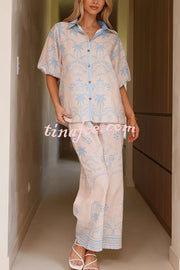 Linen Blend Lapel Puff Sleeve Loose Shirt and Casual Pocket Straight Pants Set