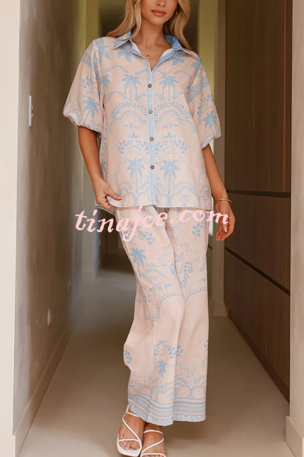 Linen Blend Lapel Puff Sleeve Loose Shirt and Casual Pocket Straight Pants Set