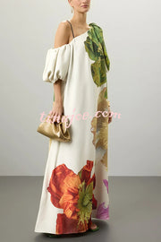 Floral Print Slant Collar Puff Sleeves Loose Holiday Maxi Dress