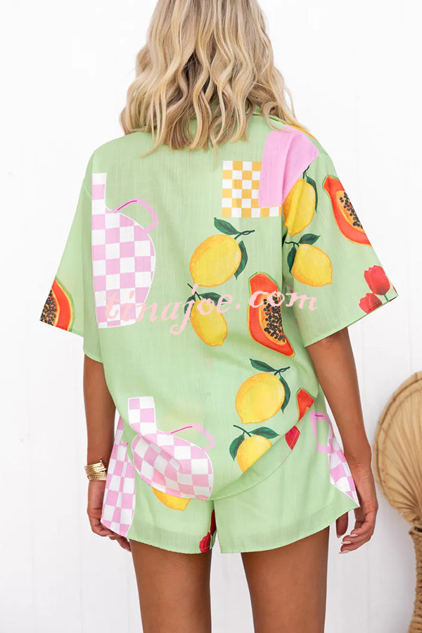 Summer Days Unique Fruit Print Loose Shirt and Elastic Waist Shorts Set