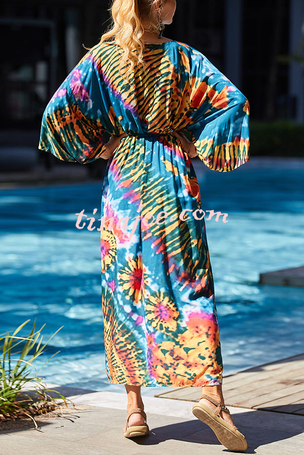 Unique Print Loose Lace Up Holiday Maxi Cover Up