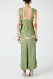Wonderful Fusion Satin Lace Trim See-through Waist V-neck Drape Maxi Dress