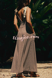 Striped Print V-Neck Lace-Up Backless Holiday Midi Dress