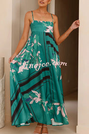 Botanical Print Square Neck Suspender Casual Full Hem Maxi Dress