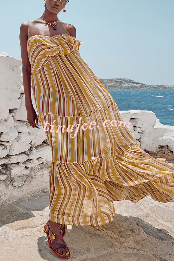 Eternal Joyful Chiffon Striped Print Ruffle Slip A-line Maxi Dress