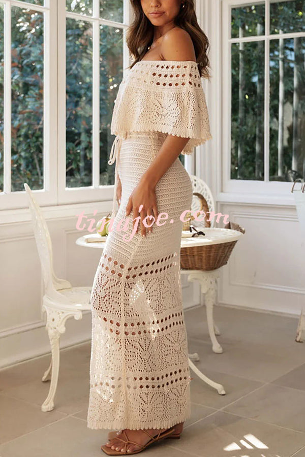 Jolene Knit Crochet Texture Off Shoulder Drawstring Waist Maxi Dresses