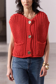 Solid Color Sleeveless Pocket Knitted Vest