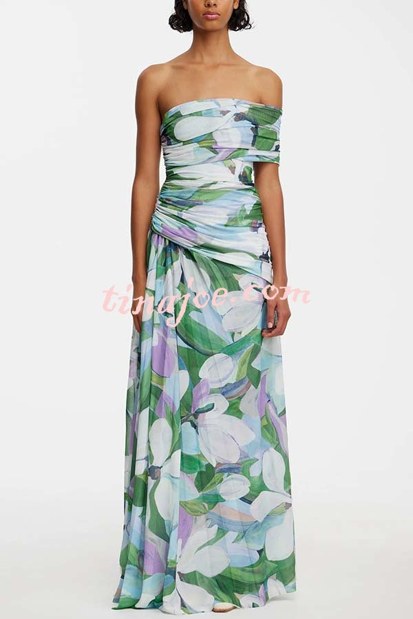 Sunshine and Wine Mesh Floral Print Off Shoulder Ruched Stretch Maxi Dress