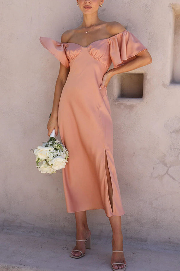 Pure Love Satin Butterfly Sleeve Slit Midi Dress