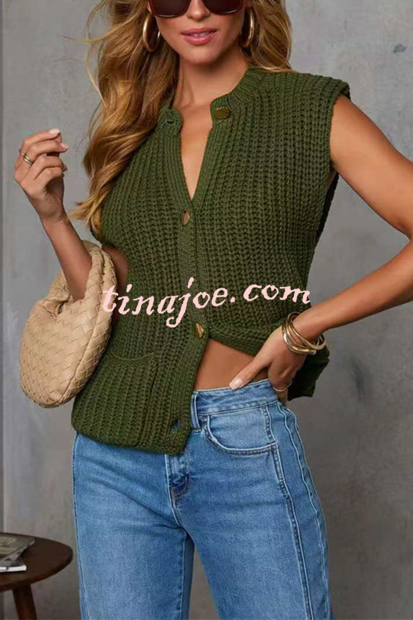 Solid Color Sleeveless Button Pocket Knit Vest