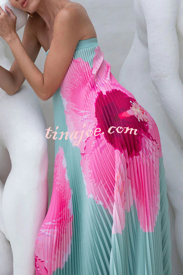 All about Her Pleated Floral Print Off Shoulder A-line Maxi Dress