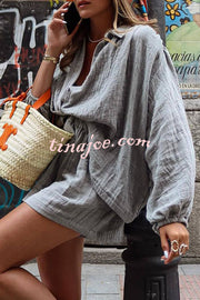 Solid Color Lapel Long Sleeve Loose Shirt and Elastic Waist Casual Pocket Shorts Set