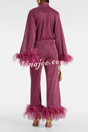 Glitter Fabric Feather Trim Long Sleeve Button Top and Elastic Waist Loose Straight Pants Set