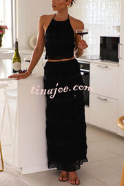 Feel Chic and Romantic Sequin Textured Material Back Elastic Halter Tie Tank and Drawstring Waist Tiered Maxi Skirt Set