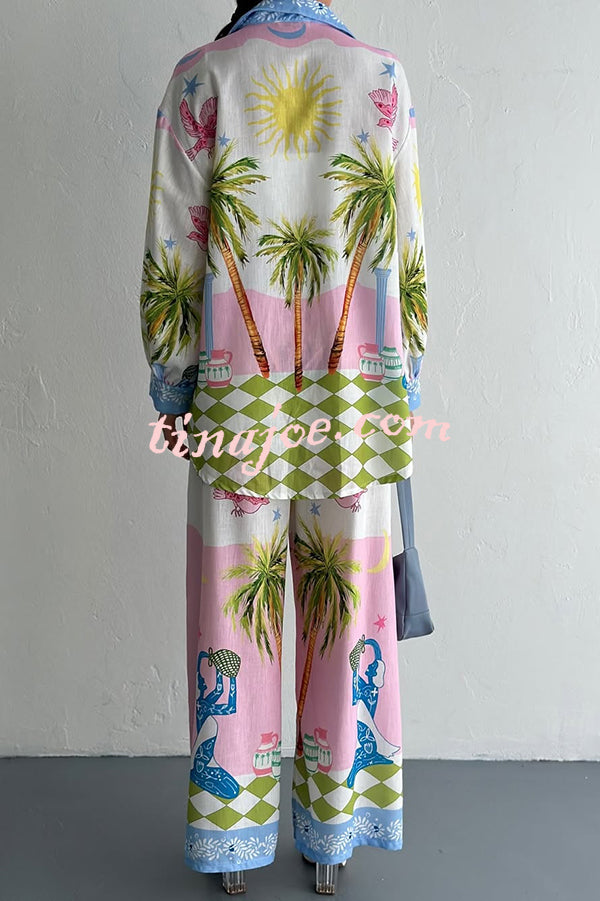 Holiday Style Print Loose Long Sleeve Shirt and Elastic Waist Loose Pocket Wide Leg Pants Set