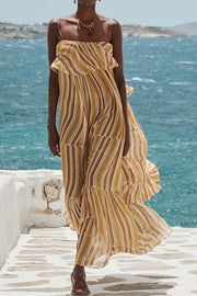 Eternal Joyful Chiffon Striped Print Ruffle Slip A-line Maxi Dress