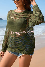 Solid Color Round Neck Long Sleeve Heart Knitted Beach Cover Up