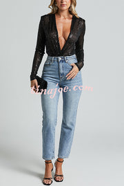 Alora Sequin Wrap Front Plunge Neck Long Sleeve Bodysuit