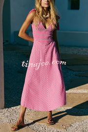 Striped Print V-Neck Lace-Up Backless Holiday Midi Dress