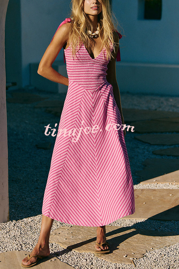 Striped Print V-Neck Lace-Up Backless Holiday Midi Dress