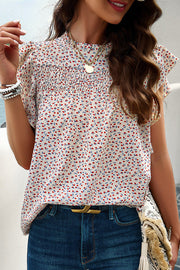 Floral Print Pleated Crew Neck Pullover Top