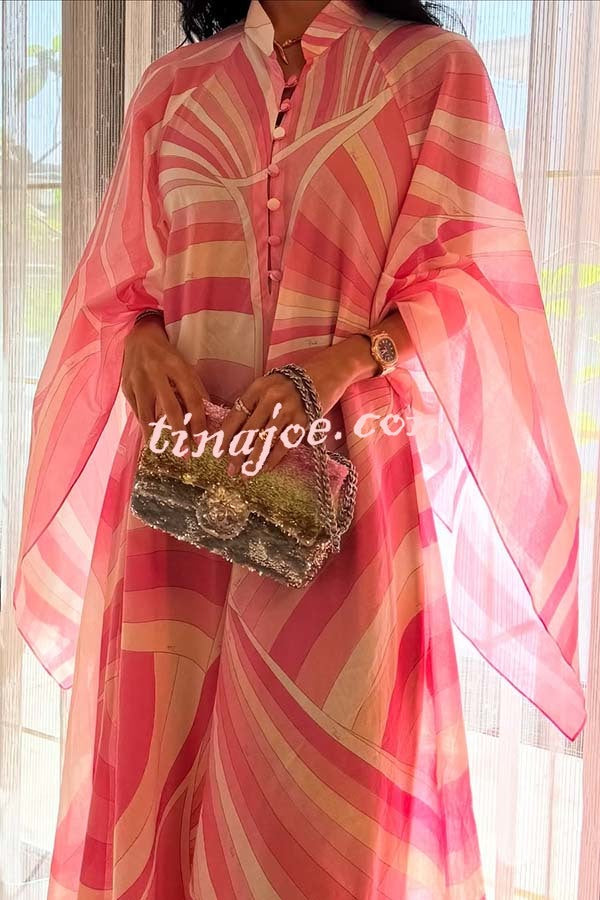 Jodie Chiffon Unique Print Stand Neck Buttons Butterfly Sleeves Kaftan Maxi Dress