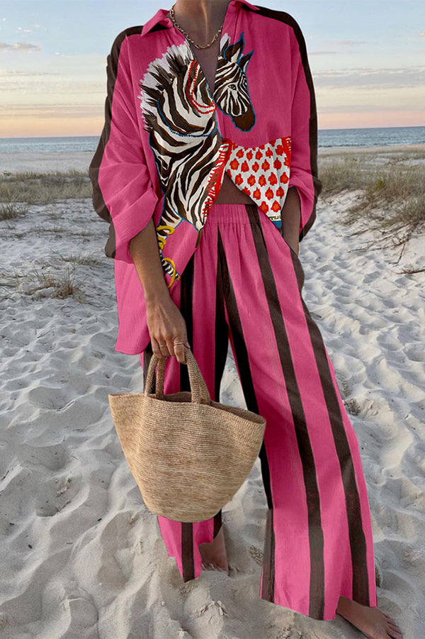 Zebra Print Oversized Shirt and Elastic Waist Pocket Pants Set