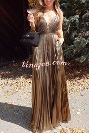 Disco Fashion Metallic Fabric Pleated Pocket Slip Wide Leg Jumpsuit