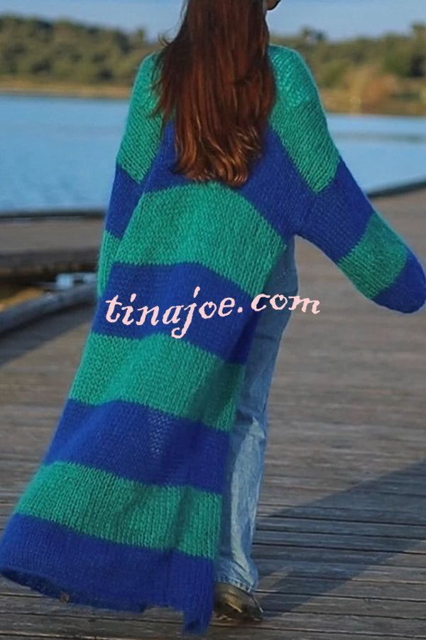 Fashionable Contrast Stripes Lazy Style Loose Long Knitted Cardigan