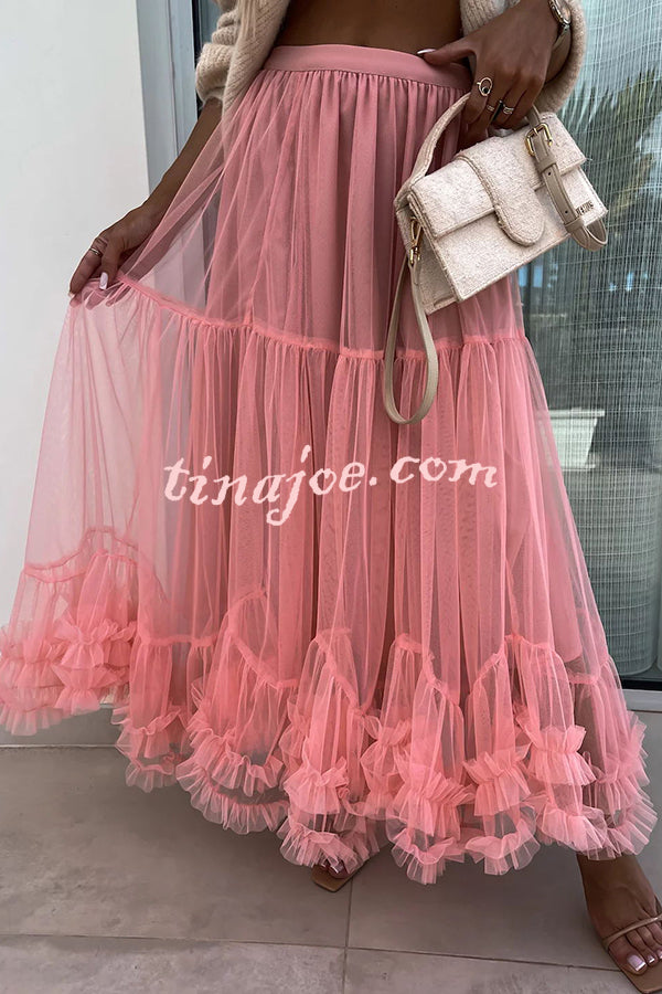 Elegant Tulle Stretch Waist Paneled Pleated Maxi Skirt