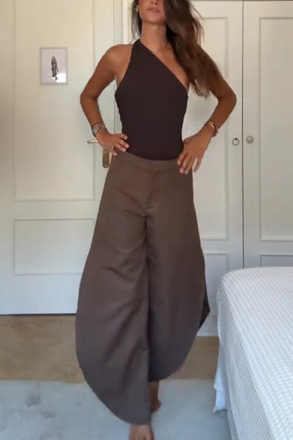 Fashion Slim-fit One-shoulder Stretch Bodysuit and Casual Side-slit Pants Set