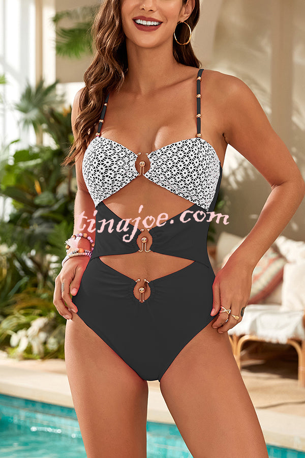 Fashionable Splicing Spaghetti Strap Metal Buckle One-piece Swimsuit