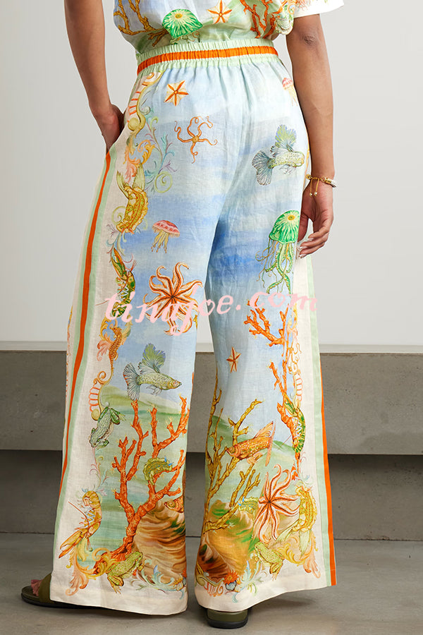 Unique Printed Lapel Short Sleeve Loose Shirt and Elastic Waist Casual Pocket Vacation Pants Set